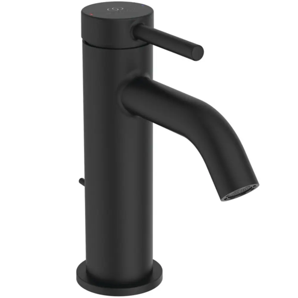Schwarze Waschbeckenarmatur von Ideal Standard mit einem geraden Auslauf und einem Hebel zum Einstellen von Wasserfluss und Temperatur, montiert auf einer runden Basis.
